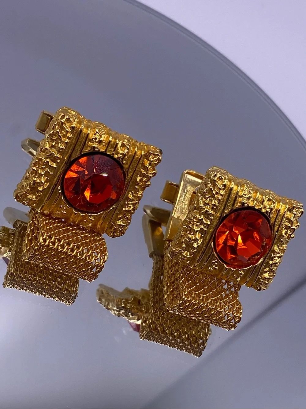 Mid Century Embassy Bright Orange Large Rhinestone Gold Tone Men’s VTG Cufflinks